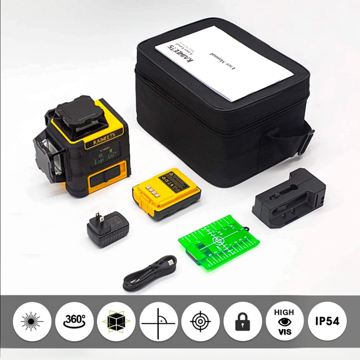 KAIWEETS Self-Leveling 3D Laser Level - 3 X 360 Construction Level for Picture Hanging, Horizontal/Vertical Lines, Up To 20Hrs, Magnetic Stand, Carrying Case