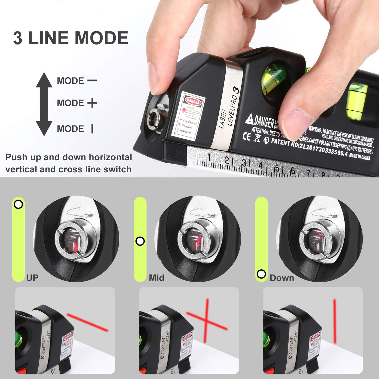 AikTryee Multipurpose ABS Laser Level Line Tool Kit | Standard Cross | leveler Beam with Metric Rulers 8ft/2.5M for Picture Hanging cabinets Tile Walls